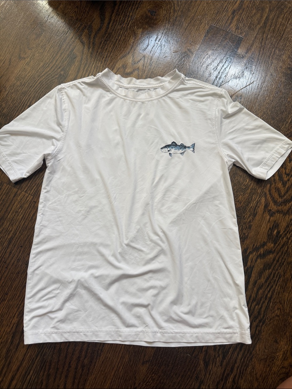 First Wave White Kids Swim Tee with Small Blue Fish Graphic
